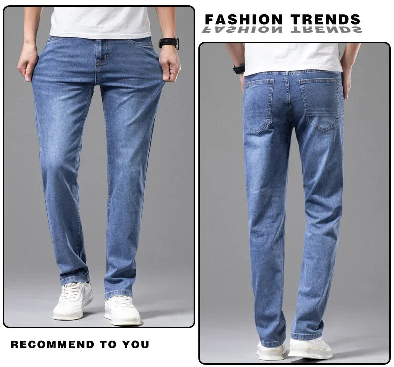 Summer Thin Men's Elastic Cotton Jeans Fashion Gray Comfortable Business Straight Casual Pants Brand Male Clothes Trousers - Tasawoq