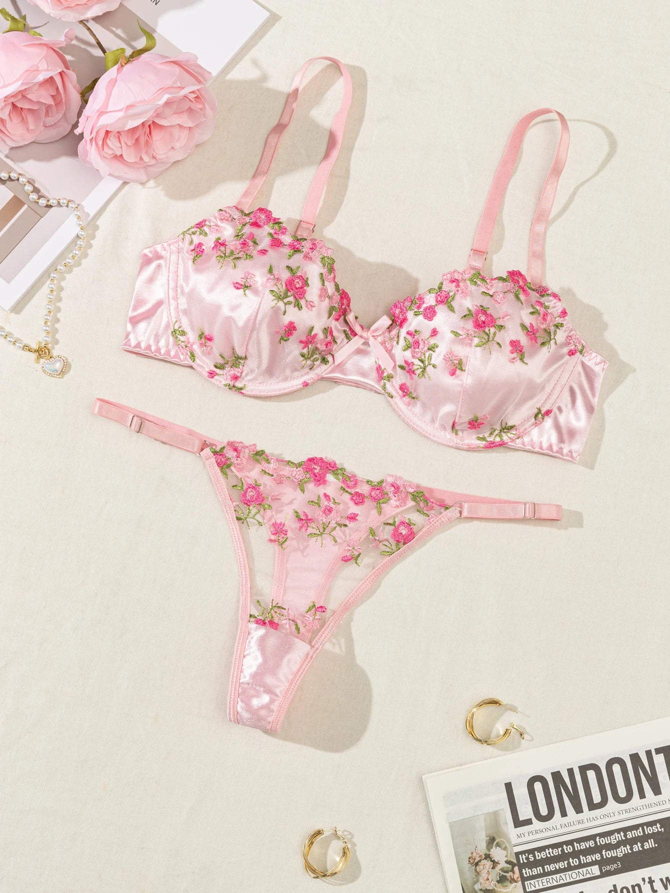 Summer Young Girls Floral Lingerie Hot Transparent Cheap Pink Lingerie set Sexy Two Piece Bras Panty Brief Sets - Tasawoq