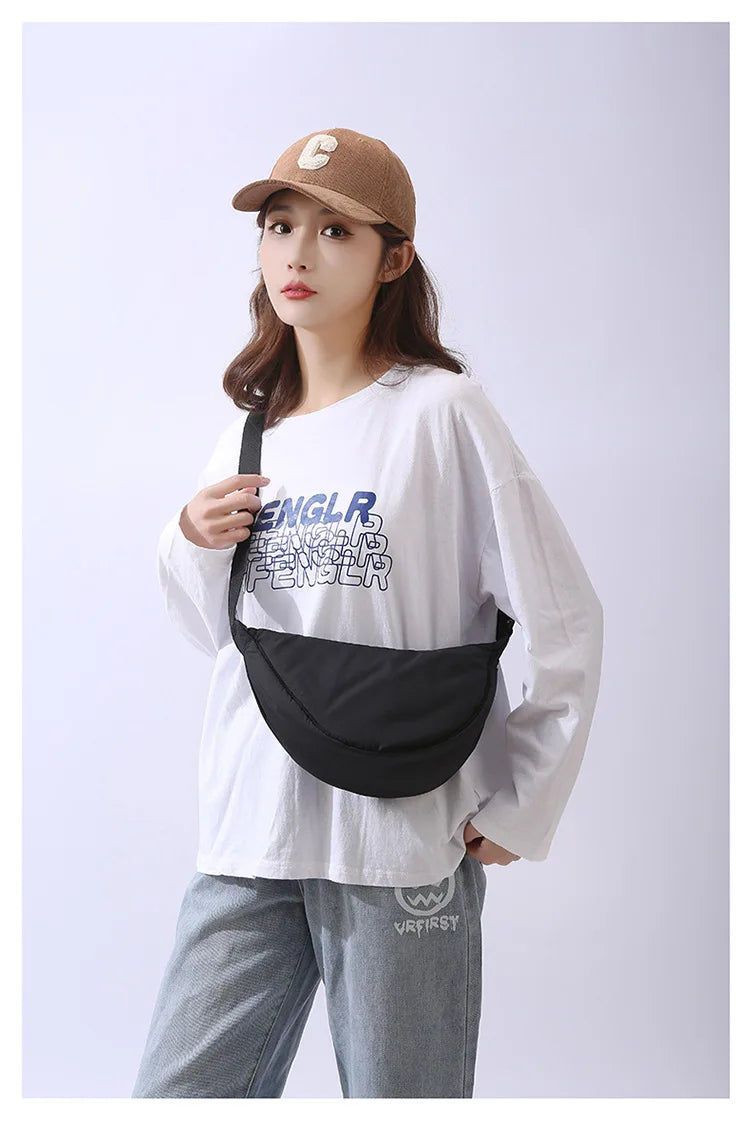 Solid Color Women's Portable Shoulder Bag Simple Female Nylon Cloth Padded Crossbody Bags Travel Purse Handbags Messenger Bag - Tasawoq