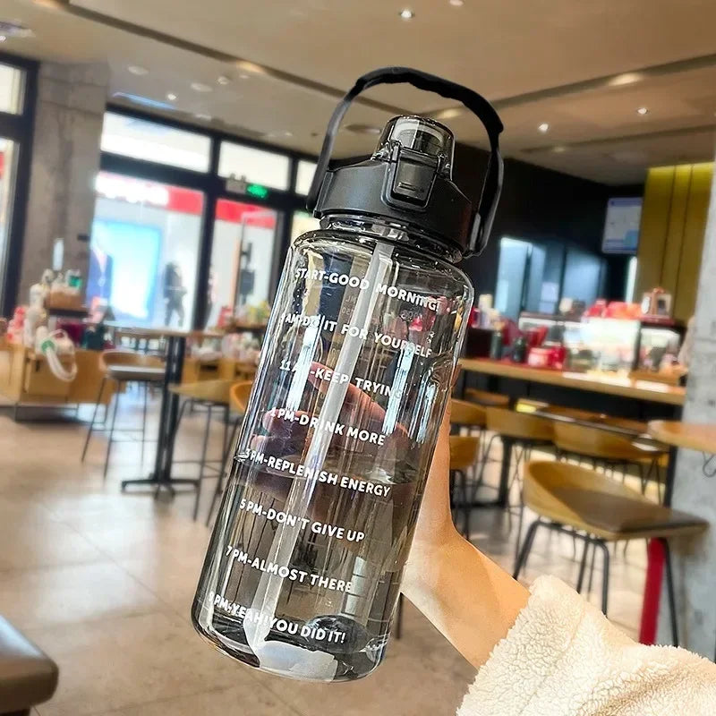 2 Liters Plastic Kettle Large Portable Travel Water Bottle with Straw Sports Fitness Cup High Value Big Fat Cup Adult Universal