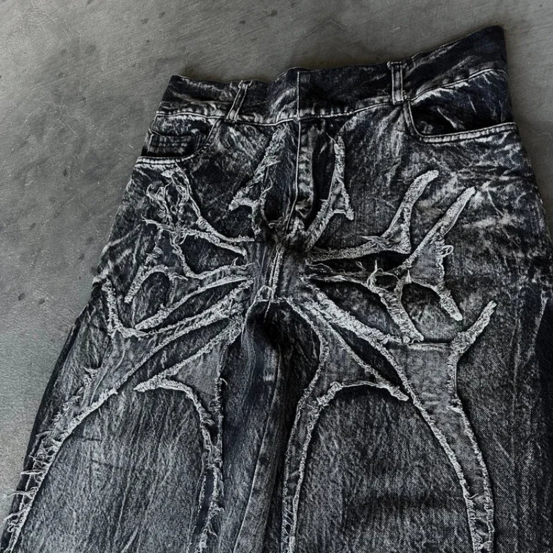 Gothic Retro Oversized Baggy Fit Unisex Mopping Pants Y2K Phantom Jeans High Street Spider Embroidered Patch Hip Hop Streetwear - Tasawoq