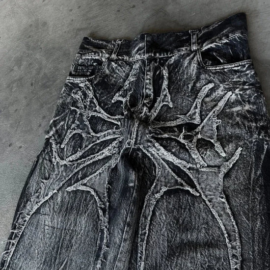 Gothic Retro Oversized Baggy Fit Unisex Mopping Pants Y2K Phantom Jeans High Street Spider Embroidered Patch Hip Hop Streetwear - Tasawoq