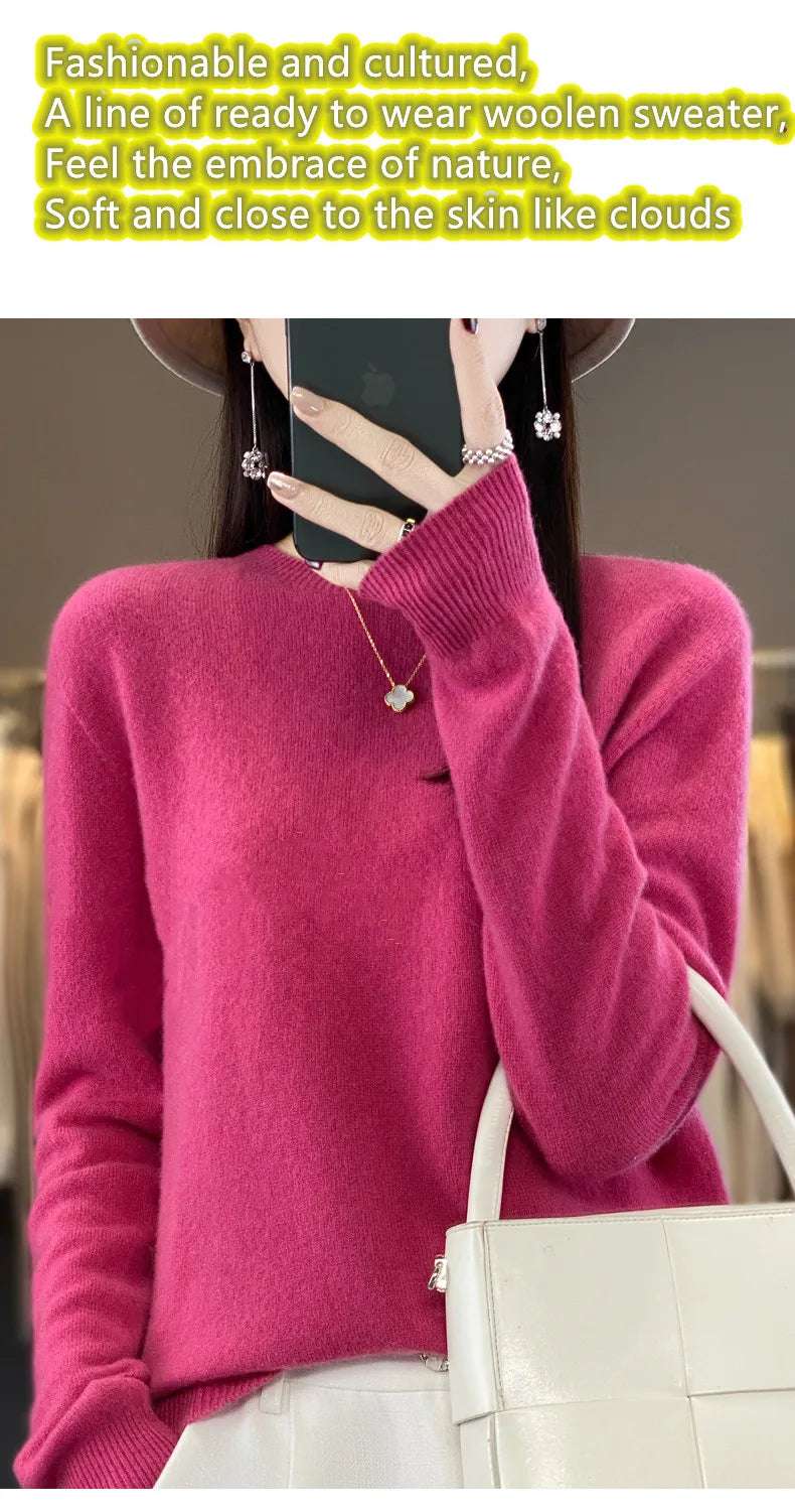 Women's 100% Beautiful Wool Round Neck Top Fashion Versatile Knitted Loose Long Sleeve Pullover Thin Sweater Yuan Ling - Tasawoq