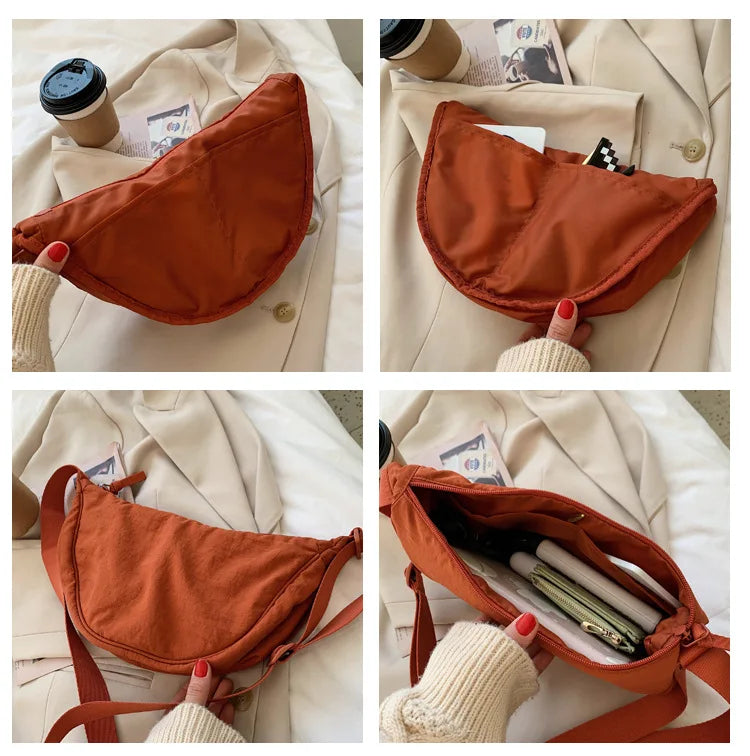 Solid Color Women's Portable Shoulder Bag Simple Female Nylon Cloth Padded Crossbody Bags Travel Purse Handbags Messenger Bag - Tasawoq