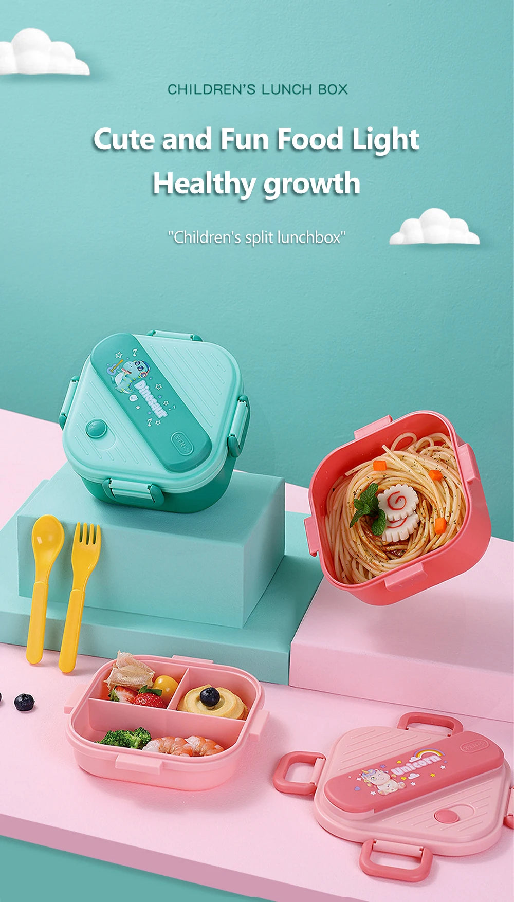 3 Grids Unicorn Lunch Box For Children Students Sandwich Fruit Food Storage Container Cartoon Kids Bento Box For School Camping