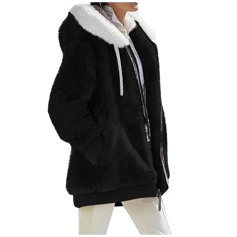 Autumn Winter Fashion Women's Coat New Casual Hooded Zipper Lady Clothes Cashmere Female Fleece Jacket Solid Color Ladies Coats - Tasawoq