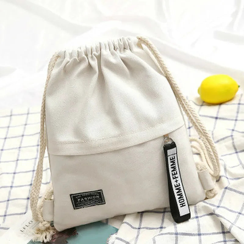 1 Pc Canvas School Bag Double Shoulder Drawstring Backpack Drawstring Pocket Portable Casual Backpack Women Men Travel Backpack - Tasawoq