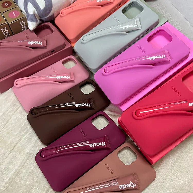 For iPhone 16 12 13 14 15 11 Pro Max Plus Fashion Rhode Phone Case Gray Toast Espresso Ribbon Lip Gloss Holder Silicone Cover - Tasawoq