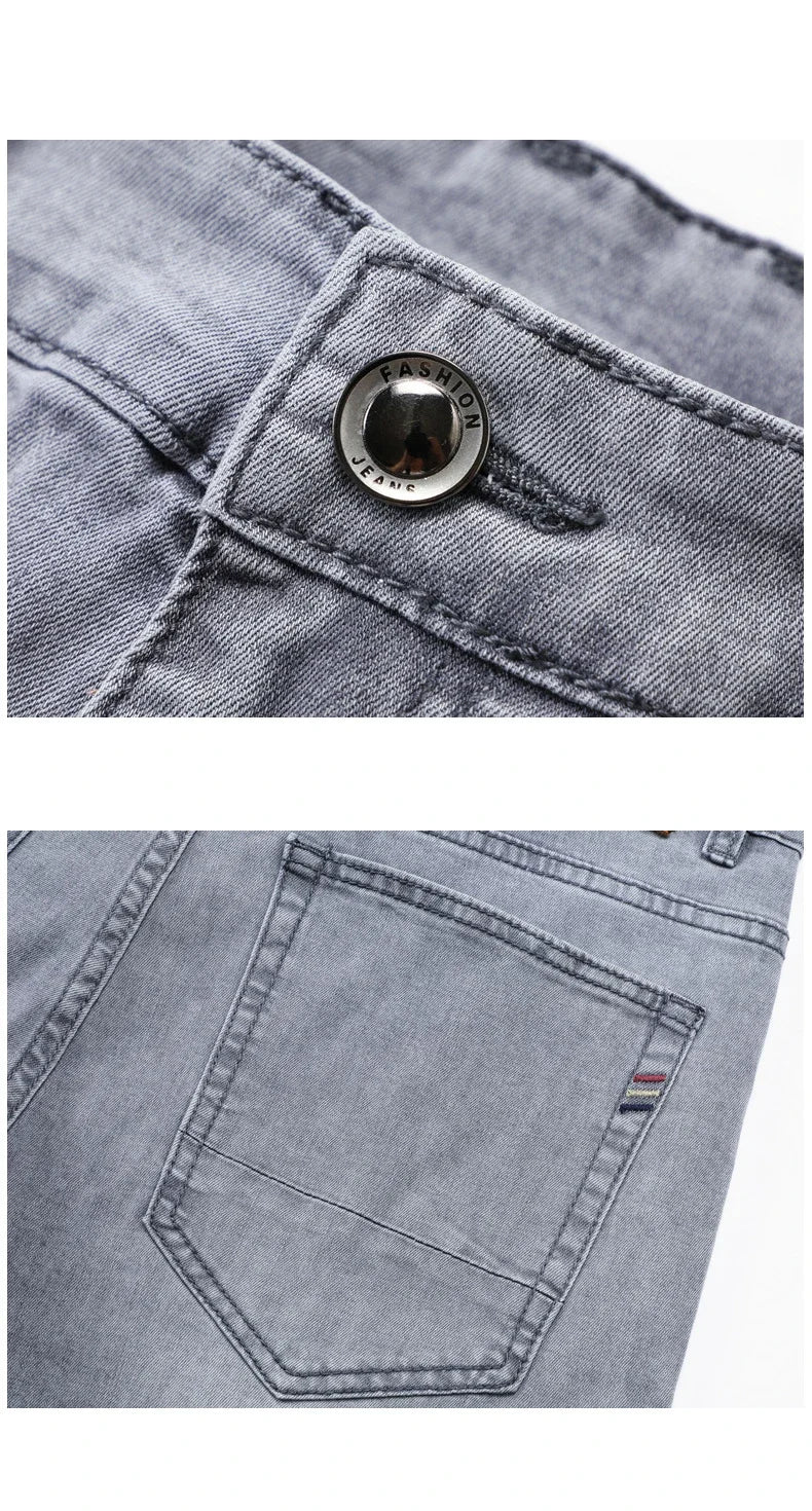 Summer Thin Men's Elastic Cotton Jeans Fashion Gray Comfortable Business Straight Casual Pants Brand Male Clothes Trousers - Tasawoq