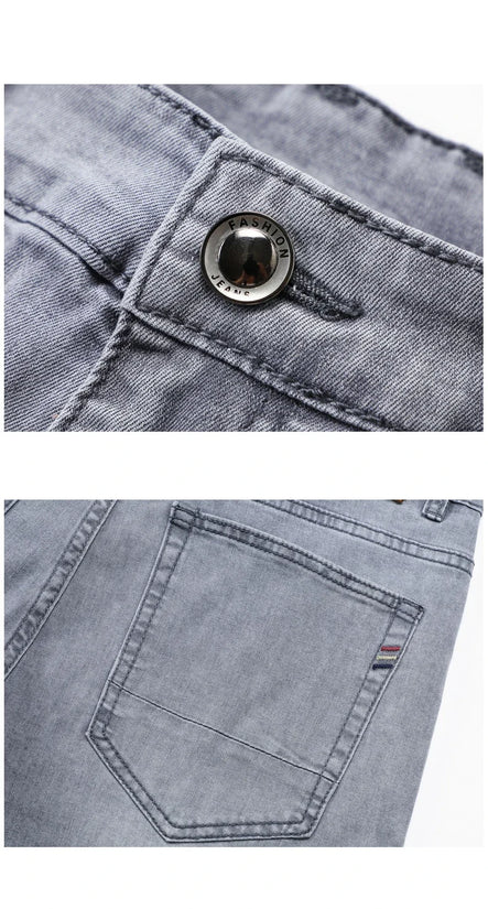 Summer Thin Men's Elastic Cotton Jeans Fashion Gray Comfortable Business Straight Casual Pants Brand Male Clothes Trousers - Tasawoq