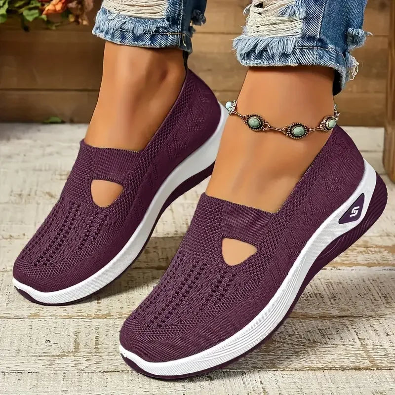 Women's Solid Color Breathable Sneakers, Soft Sole Lightweight Slip On Walking Shoes, Low-top Knitted Casual Shoes - Tasawoq