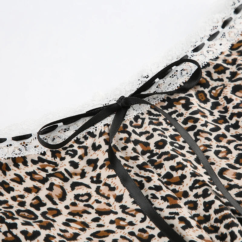CIBBAR Hot Sexy Leopard Print Shorts Streetwear y2k Lace Patchwork Bow Low Rise Skinny Short Pants Women Vintage 2000s Clothing - Tasawoq
