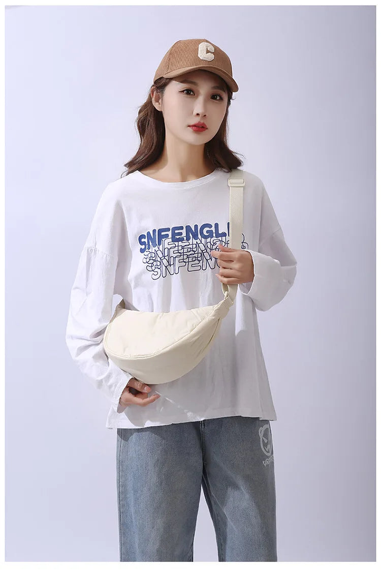 Solid Color Women's Portable Shoulder Bag Simple Female Nylon Cloth Padded Crossbody Bags Travel Purse Handbags Messenger Bag - Tasawoq