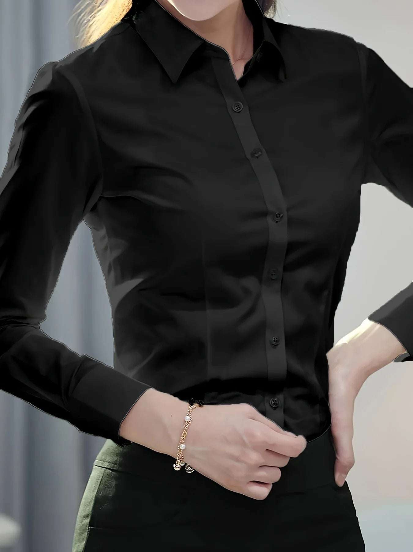 Elegant All-Season Solid Shirt Slim Button Tops Fashion White Shirt Turn-down Collar Women's Long Sleeve Blouse - Tasawoq