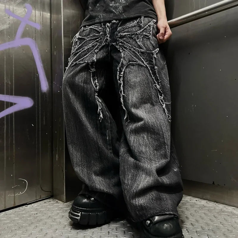 Gothic Retro Oversized Baggy Fit Unisex Mopping Pants Y2K Phantom Jeans High Street Spider Embroidered Patch Hip Hop Streetwear - Tasawoq