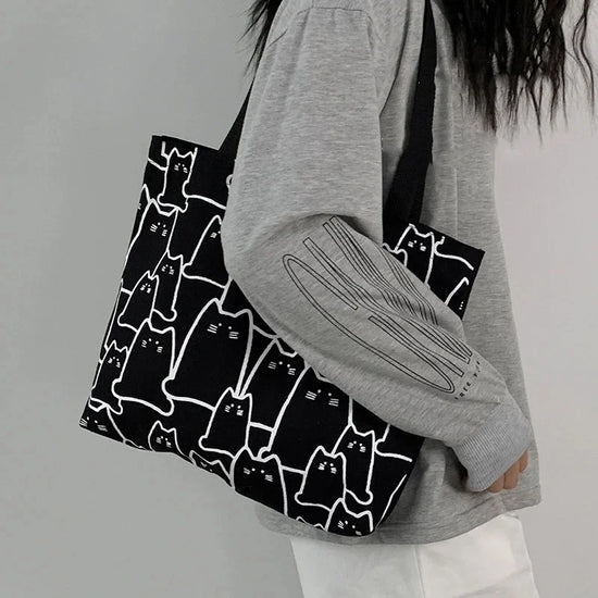 Cute Cat Shopper Handbags Shoulder Fashion Canvas Casual Shopping Girls Women Graphic Tote BagJapanese Cartoon Small Shoulder - Tasawoq