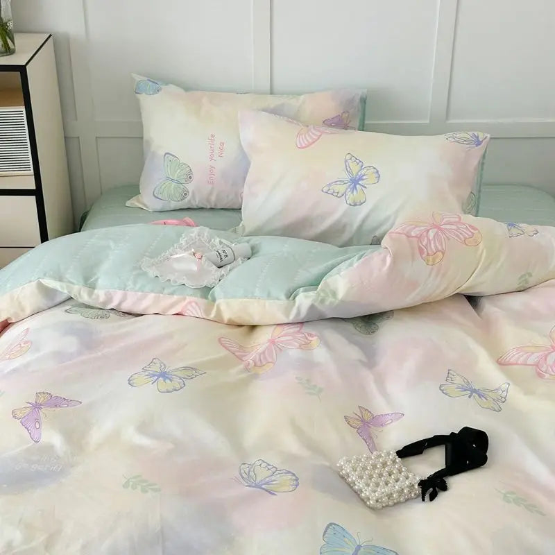 Pink Floral Bedding Set Soft Ins Single Double Queen Size Duvet Cover Flat Sheet Pillowcase Girls Home Totel Bed Linens - Tasawoq