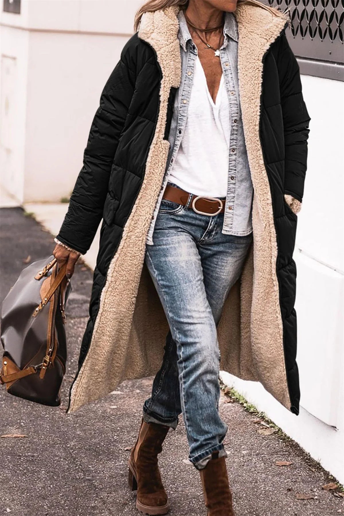 Winter Hooded Quilted Jacket For Women Solid Reversible Long Sleeve Thick Coat Warm Fashion Long Outerwear Casual Puffer Coats - Tasawoq