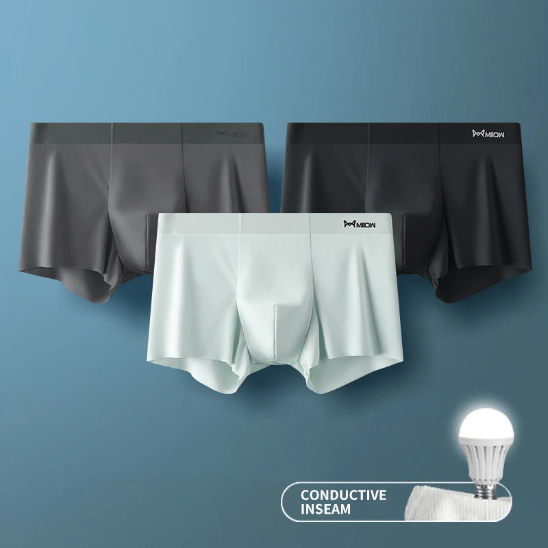 MIIOW 3Pcs Ice Silk Man Underwear Boxer Metal Fiber Antistatic Men Underpants Seamless Cut Hem Men's Panties Boxers Shorts Trunk - Tasawoq
