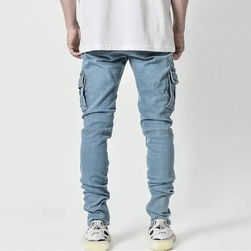 Street Elastic Jeans Men Denim Cargo Pants Wash Solid Color Multi Pockets Casual Mid Waist Trousers Slim Fit Daily Wear Joggers - Tasawoq
