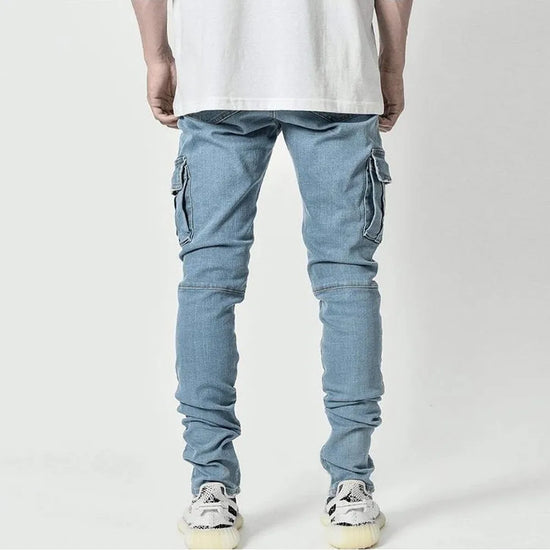 Street Elastic Jeans Men Denim Cargo Pants Wash Solid Color Multi Pockets Casual Mid Waist Trousers Slim Fit Daily Wear Joggers - Tasawoq