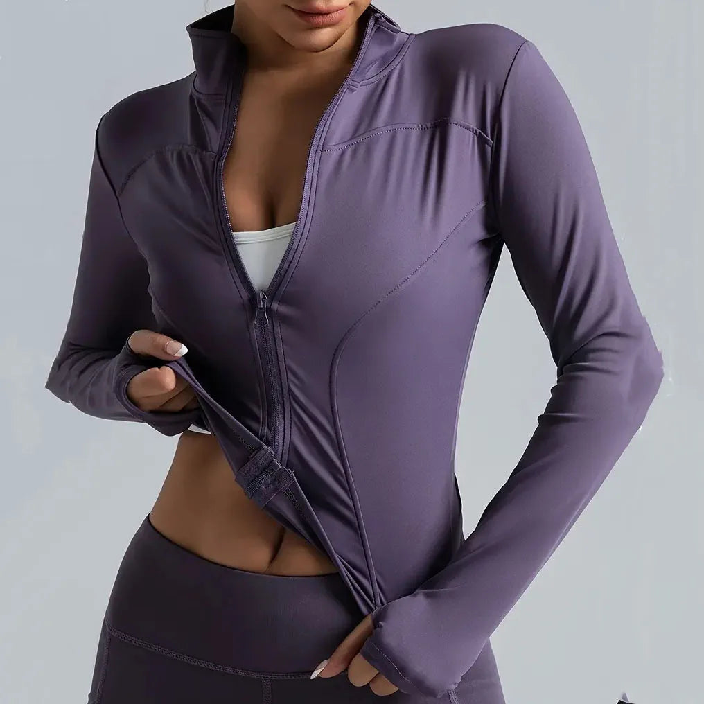 Women's Zip-Up Running Jacket Lightweight Stretchy Running Track Jacket with Thumb Holes, High Neck, Breathable Yoga Sportwear - Tasawoq
