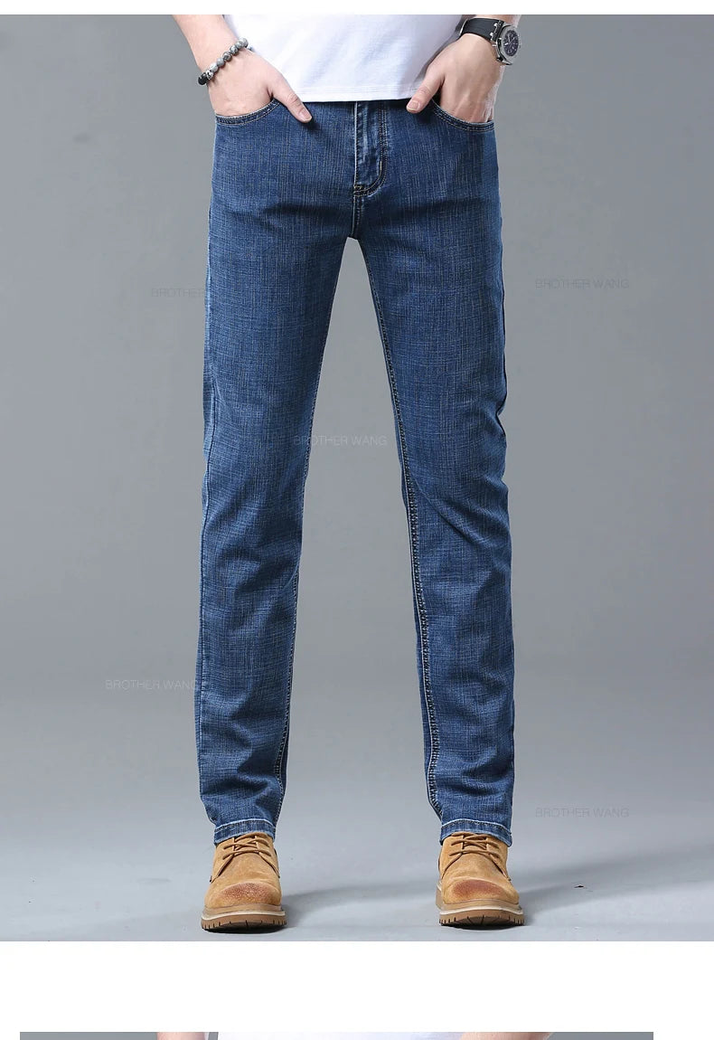 Spring Men's Light Blue Slim Jeans Stylish Casual Stretch Fabric Denim Pants Classic Trousers Smoke Gray - Tasawoq