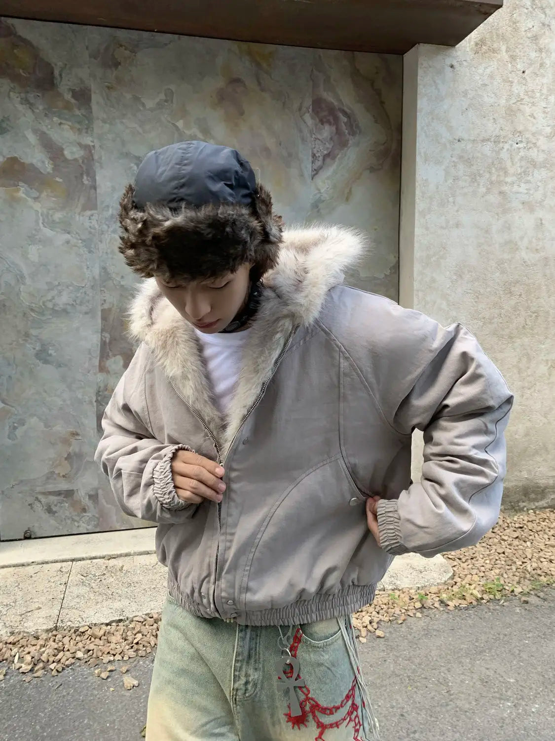 American Retro Woolen Collar Hooded Cotton Jacket Winter Thick Plush Top Men Street Hip-Hop Gothic Harajuku Oversize Jacket Coat - Tasawoq