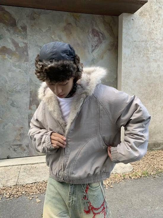 American Retro Woolen Collar Hooded Cotton Jacket Winter Thick Plush Top Men Street Hip-Hop Gothic Harajuku Oversize Jacket Coat - Tasawoq