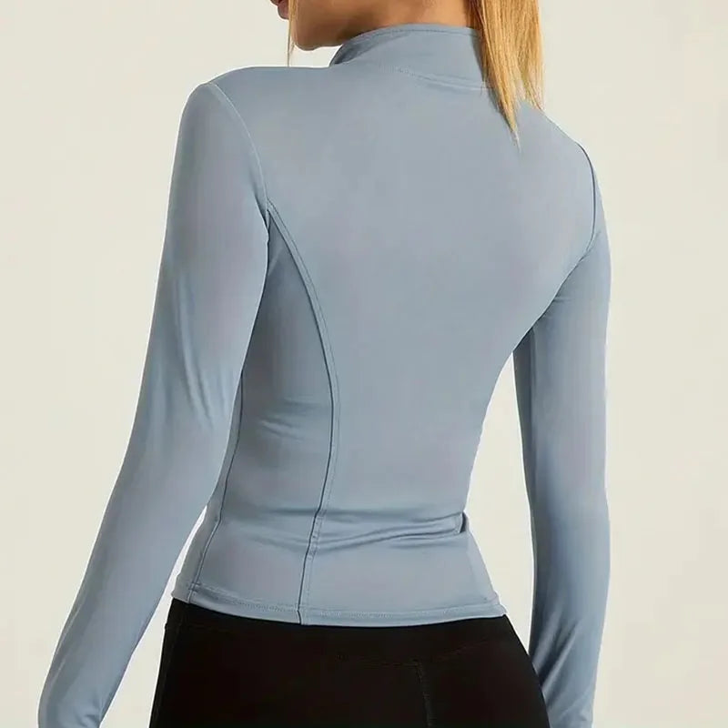 Women's Zip-Up Running Jacket Lightweight Stretchy Running Track Jacket with Thumb Holes, High Neck, Breathable Yoga Sportwear - Tasawoq