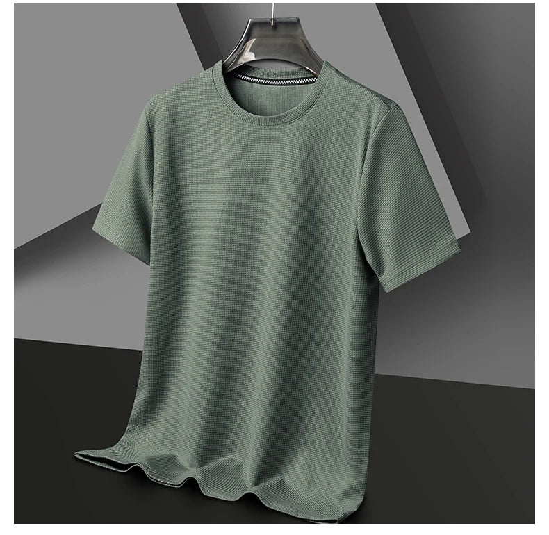 New Summer Waffle Round Neck Short Sleeved T-shirt for Men's Short Sleeved Top - Tasawoq