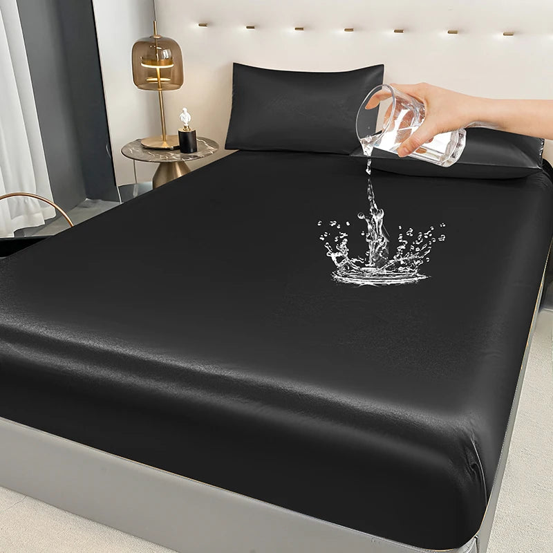 1Pc Waterproof Fitted Bed Sheet With Elastic Band Black Golden White Anti-slip Adjustable Mattress Cover (Pillowcase Need Order) - Tasawoq