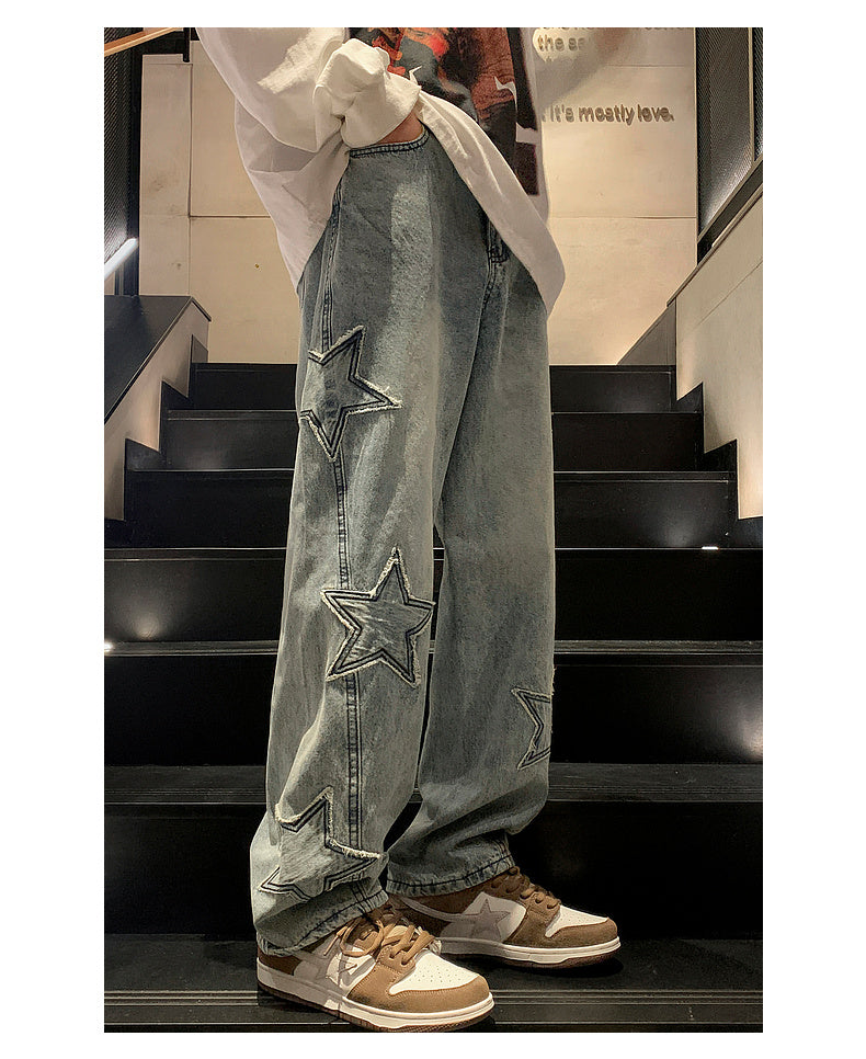 Star Embroidery Straight Casual Men Jeans Gothic Neutral New Wide Leg Loose Hip-hop Fashion Youth Streetwear Denim Trousers Y2K - Tasawoq