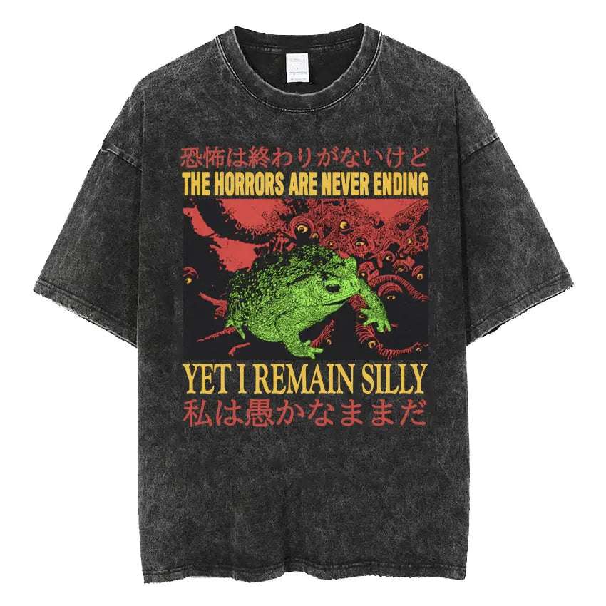 The Horrors Are Never Ending Yet I Remain Silly T-shirt Funny Japanese Style Frog Retro Washed T Shirt Men's Oversized Tees Tops - Tasawoq