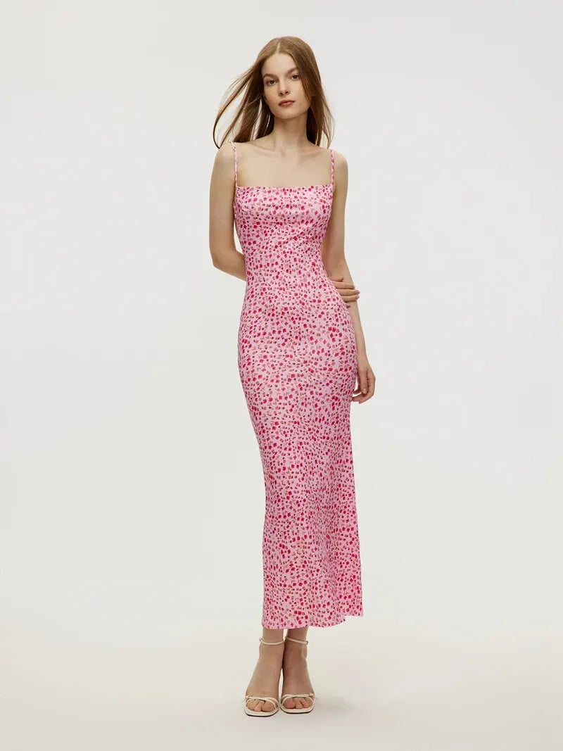 Long Floral Suspender Dress Nsummer Sexy Backless Slimming Beach Dress Fashionable Simple Printed Banquet Women's Clothing - Tasawoq