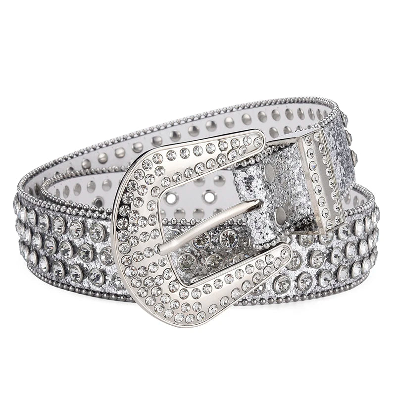 Men's Jeans Rhinestone Large Size Belt Women's Belt Western Denim Shiny Rivet Design Leather HipHop Punk Rock Y2K Style Belt - Tasawoq