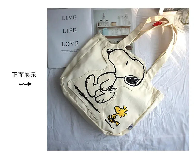New Cartoon Fashion Snoopy Canvas Shoulder Bag Casual Cute Large Capacity Female Student Tuition Crossbody Bag - Tasawoq