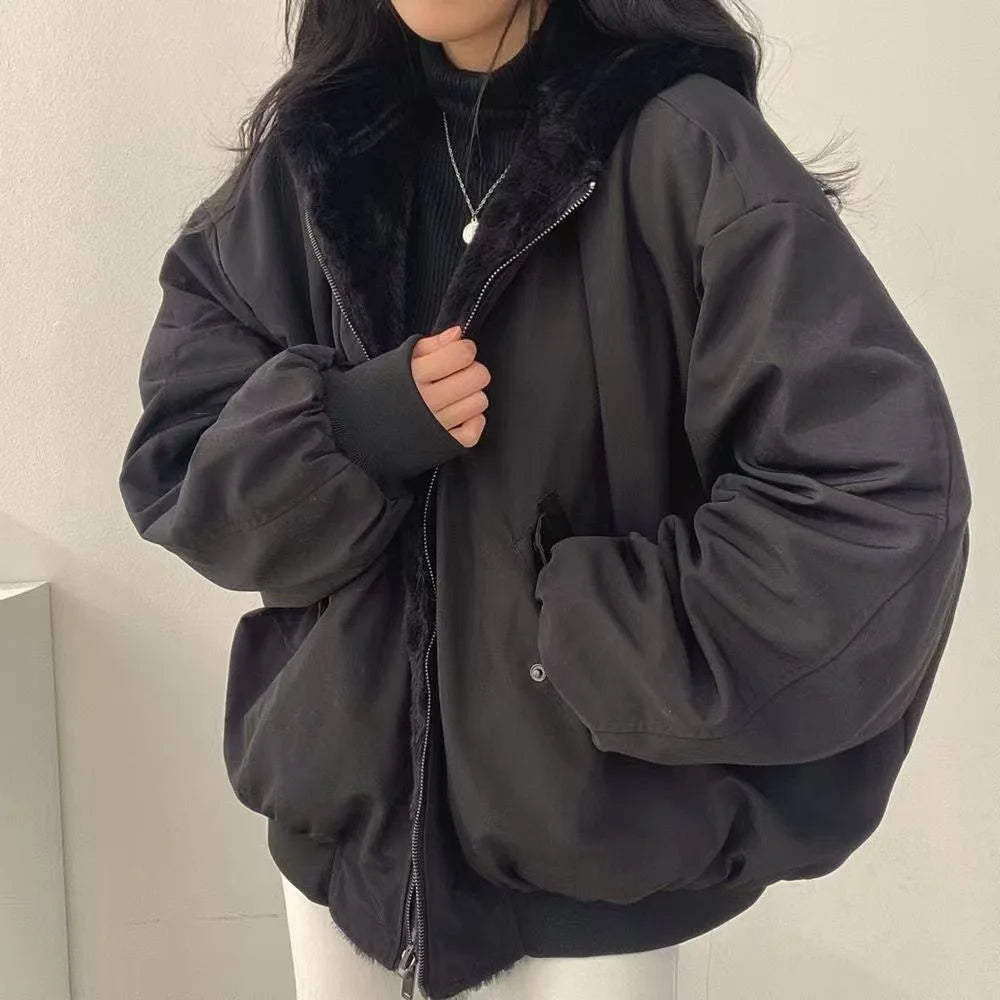 American Retro Woolen Collar Hooded Cotton Jacket Winter Thick Plush Top Men Street Hip-Hop Gothic Harajuku Oversize Jacket Coat - Tasawoq