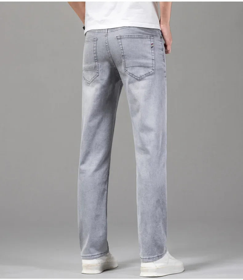 Summer Thin Men's Elastic Cotton Jeans Fashion Gray Comfortable Business Straight Casual Pants Brand Male Clothes Trousers - Tasawoq