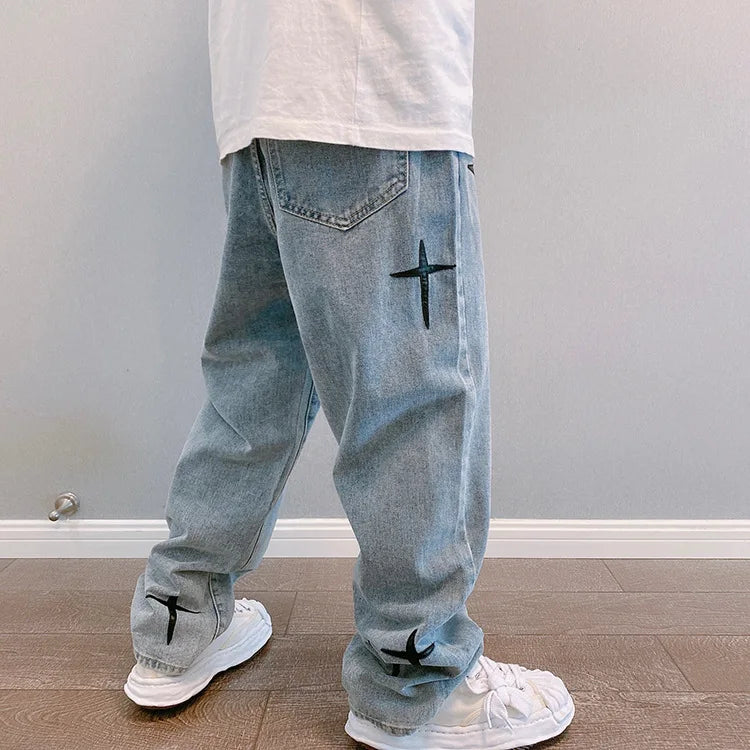 Prints Jeans Men 2023 New Streetwear Baggy Wide Leg Jeans Korean Fashion Drapes Straight Casual Loose Denim Cargo Pants - Tasawoq