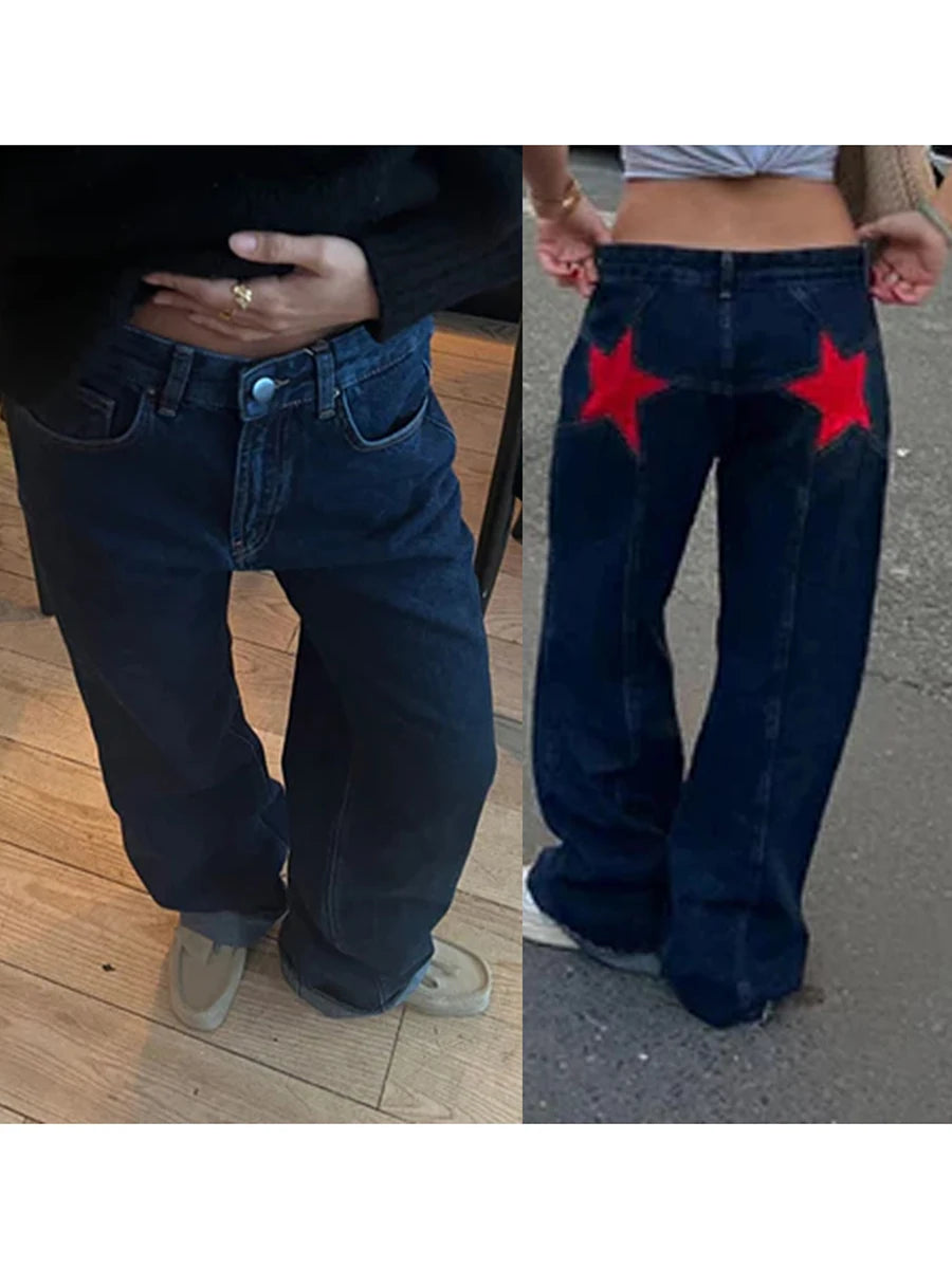 Combhasaki Women's Y2K Vintage Jeans Aesthetic Star Pattern Print Loose Straight Leg Denim Long Pants Casual Low Waist Trousers - Tasawoq