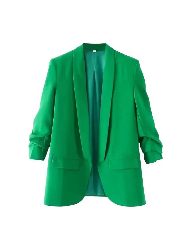 TRZA Women Fashion Office Wear Open Blazer Coat Vintage Long Pleated Sleeves Flap Pockets Female Outerwear Chic Tops - Tasawoq
