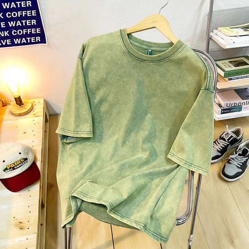 Vintage Snowflake Point Solid Color T-Shirts For Men Women 100% Cotton Short Sleeve Wash With Old Water Street Hip Hop Tee Shirt - Tasawoq