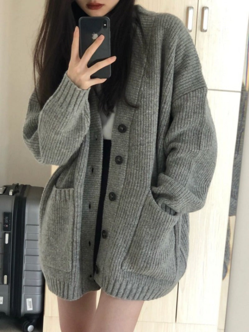 Autumn Winter Women Cardigan Sweater Coats Fashion Female Long Sleeve V-neck Loose Knitted Jackets Casual Sweater Cardigans - Tasawoq