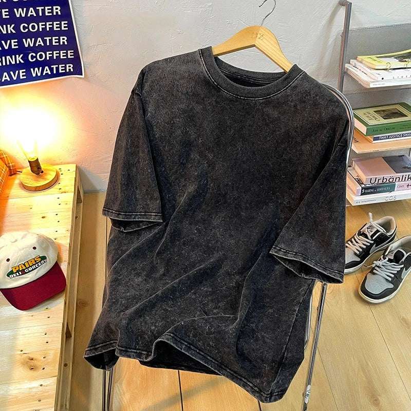Vintage Snowflake Point Solid Color T-Shirts For Men Women 100% Cotton Short Sleeve Wash With Old Water Street Hip Hop Tee Shirt - Tasawoq