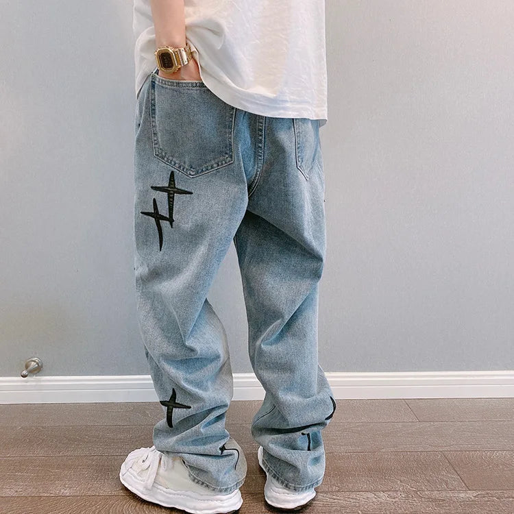 Prints Jeans Men 2023 New Streetwear Baggy Wide Leg Jeans Korean Fashion Drapes Straight Casual Loose Denim Cargo Pants - Tasawoq