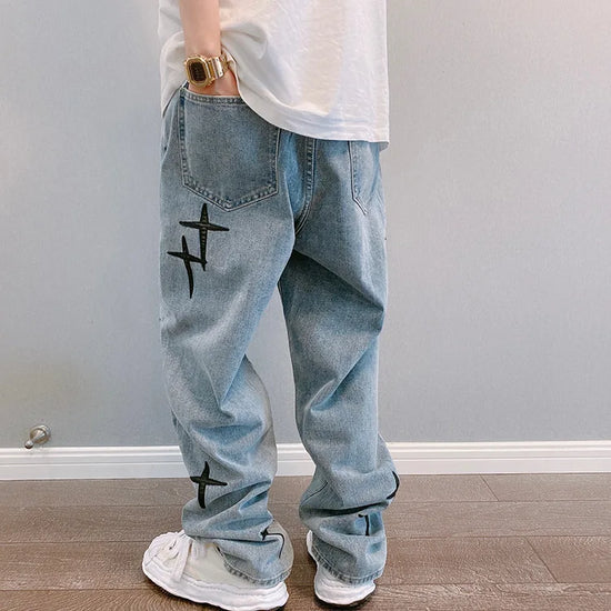 Prints Jeans Men 2023 New Streetwear Baggy Wide Leg Jeans Korean Fashion Drapes Straight Casual Loose Denim Cargo Pants - Tasawoq
