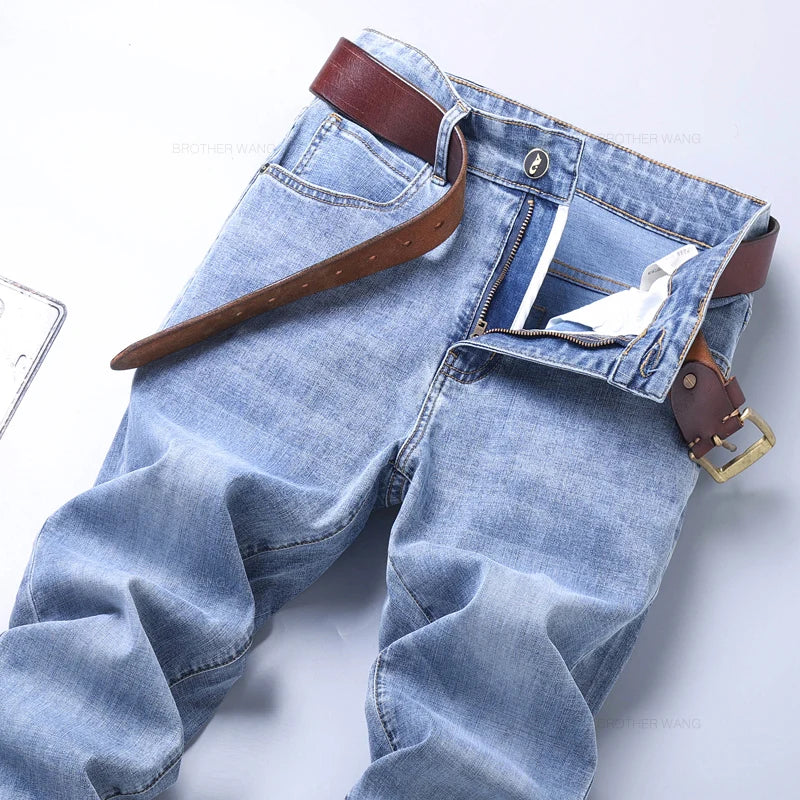 Spring Men's Light Blue Slim Jeans Stylish Casual Stretch Fabric Denim Pants Classic Trousers Smoke Gray - Tasawoq