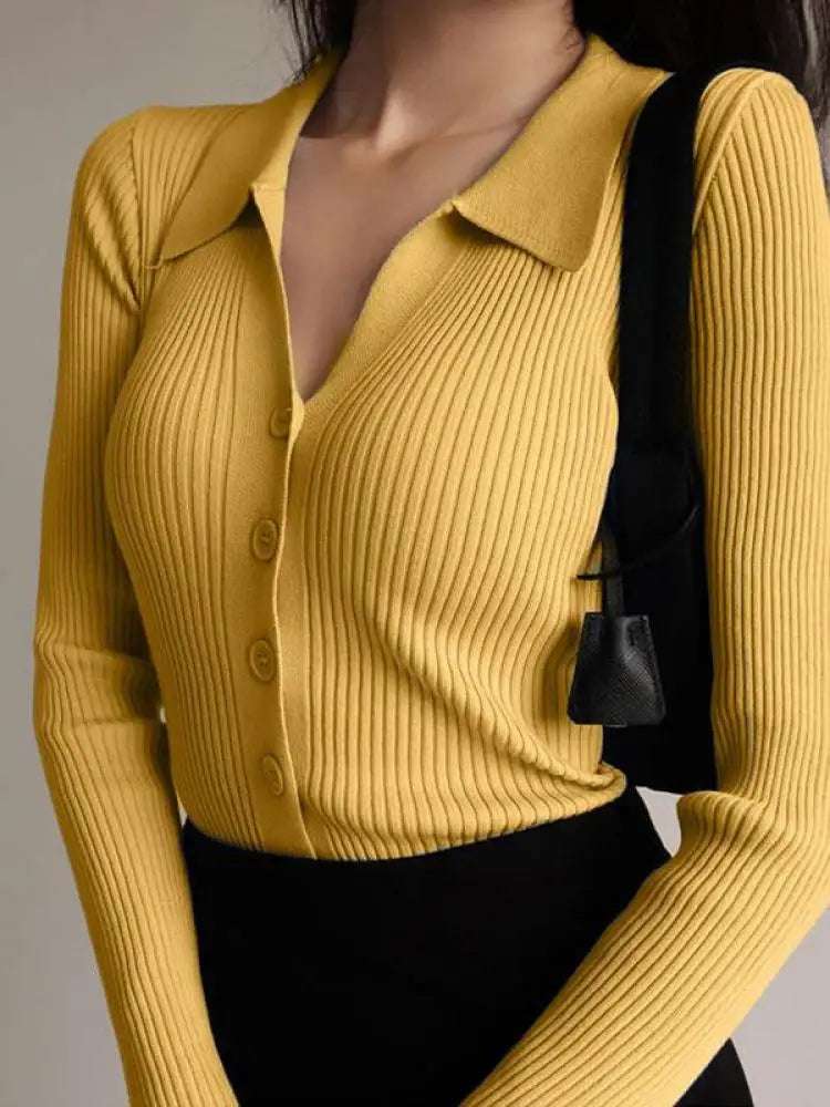 AOSSVIAO 2025 Ladies Buttons Sexy V Neck Long Sleeve POLO Neck Knit Cardigan Sweater Women Lapel Slim Tops - Tasawoq