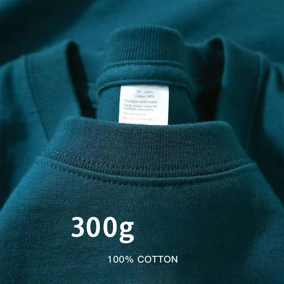 Summer Cotton Heavy Duty 300grams American Pure Cotton Short Sleeves T-shirt Men Casual Base Top Oversized T Shirt - Tasawoq